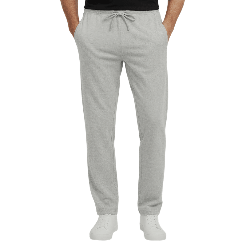 Grijze joggingbroek met trekkoord in de taille en ritszakken, van voren gezien op een persoon