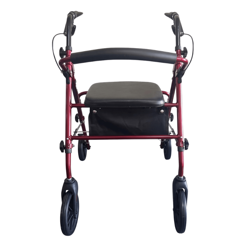 Rode Ibis rollator recht van voren gezien met zwarte zitting, rugleuning en handvatten