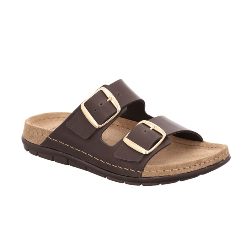 Dunkelbraune Rohde Damen-Sandale aus Leder mit zwei verstellbaren Riemen und goldenen Schnallen, schräge Vorderansicht