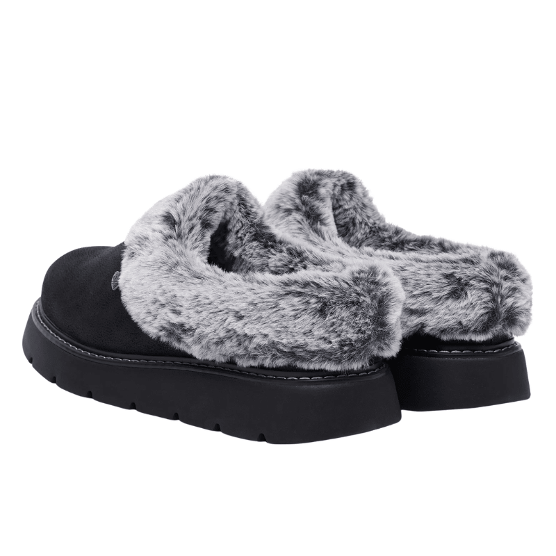 Twee zwarte Skechers damespantoffels met grijs imitatiebont en dikke zool, achteraanzicht