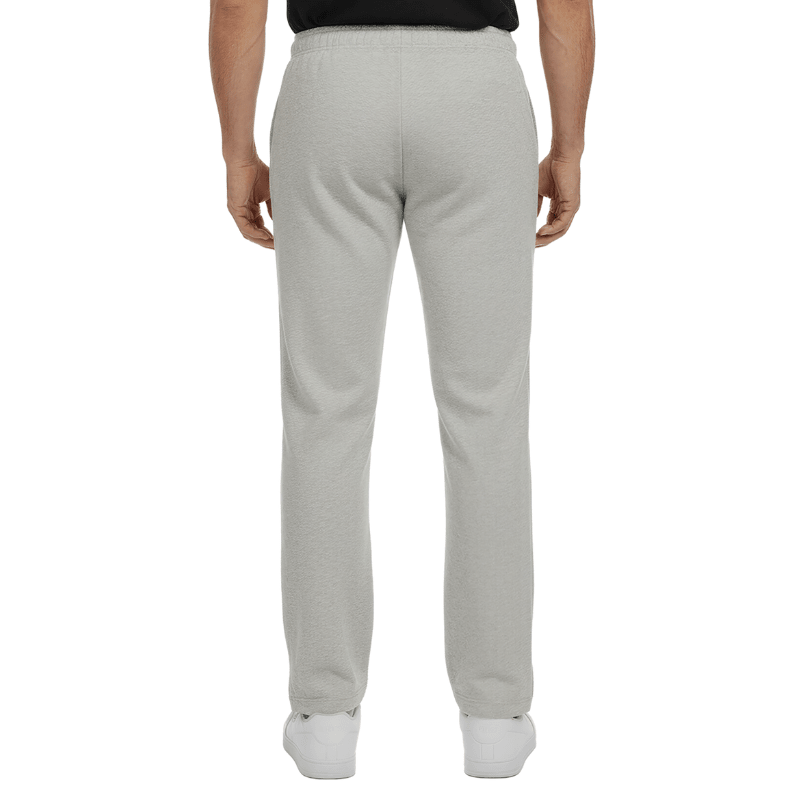 Grijze joggingbroek met elastische taille en discrete naden, van achteren gezien op een persoon
