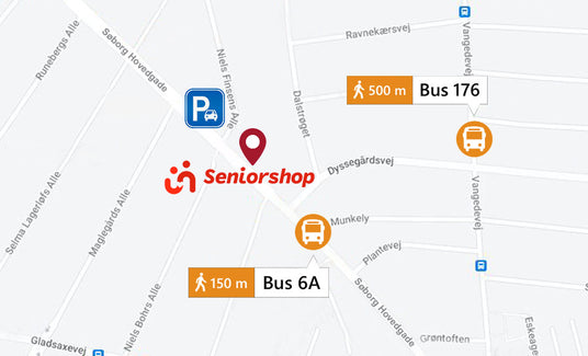 Kort over Seniorshop butik i Søborg med busstoppesteder og parkering