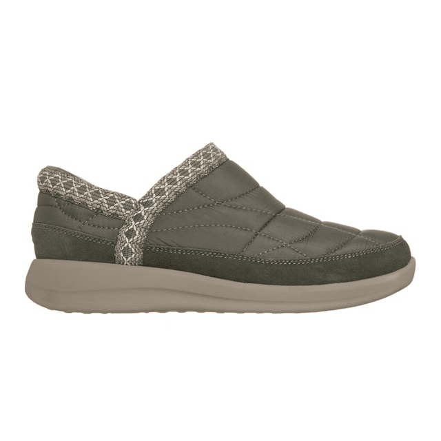 Olijfgroene Skechers vrijetijdsschoen voor dames, zijaanzicht, met gewatteerd bovenwerk en gebreide rand