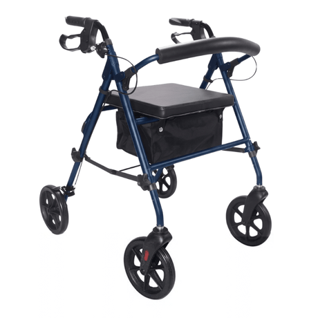 Blauwe Ibis rollator met gewatteerde zitting en rugleuning, schuin van voren met textielmand