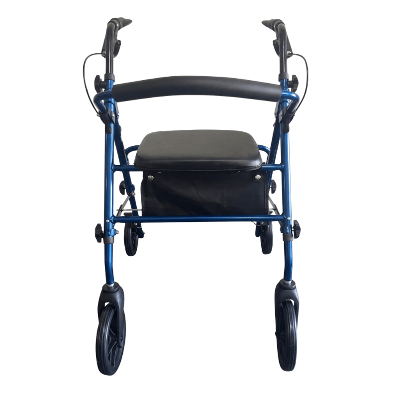 Blauwe Ibis rollator direct van voren gezien, met ergonomische handvatten, gewatteerde zitting en rugleuning