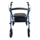 Blauwe Ibis rollator direct van voren gezien, met ergonomische handvatten, gewatteerde zitting en rugleuning