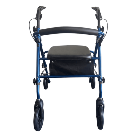 Blauwe Ibis rollator direct van voren gezien, met ergonomische handvatten, gewatteerde zitting en rugleuning