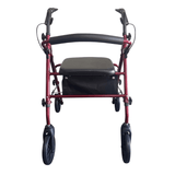 Rode Ibis rollator recht van voren gezien met zwarte zitting, rugleuning en handvatten