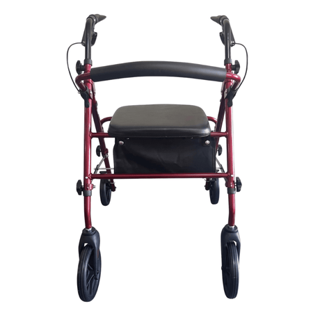 Rode Ibis rollator recht van voren gezien met zwarte zitting, rugleuning en handvatten