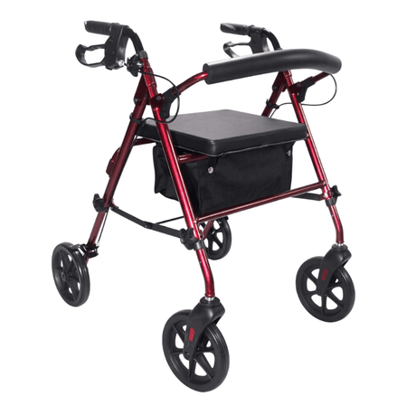 Rode Ibis rollator van voren gezien met zwart gestoffeerde zitting, rugleuning en textielmand