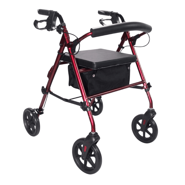 Rode Ibis rollator van voren gezien met zwart gestoffeerde zitting, rugleuning en textielmand