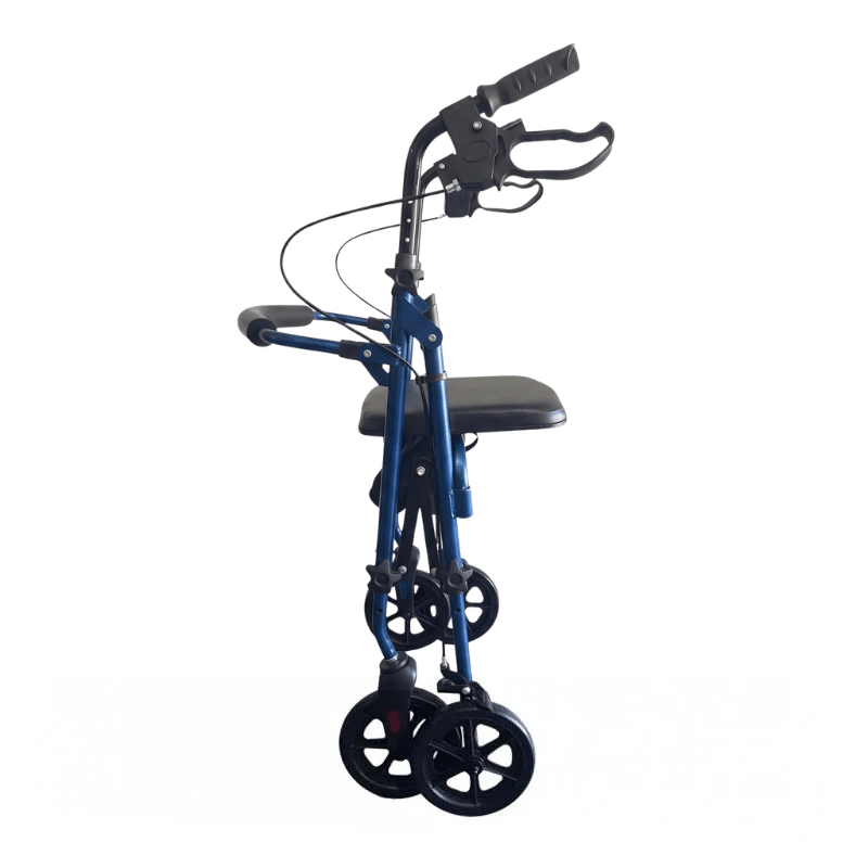 Blauwe Ibis rollator van opzij in opgevouwen toestand, toont het compacte ontwerp