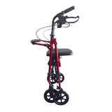 Opgevouwen rode Ibis rollator van de zijkant, toont zijn compacte ontwerp