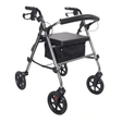 Grijze Ibis rollator schuin van voren gezien met gestoffeerde zitting, rugleuning en zwarte textielmand
