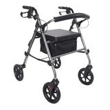 Grijze Ibis rollator schuin van voren gezien met gestoffeerde zitting, rugleuning en zwarte textielmand