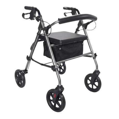 Grijze Ibis rollator schuin van voren gezien met gestoffeerde zitting, rugleuning en zwarte textielmand