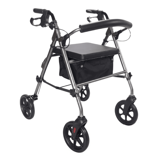 Grijze Ibis rollator schuin van voren gezien met gestoffeerde zitting, rugleuning en zwarte textielmand