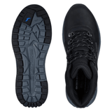 Twee zwarte Skechers herenboots, één bovenaanzicht en de andere toont het zoolpatroon