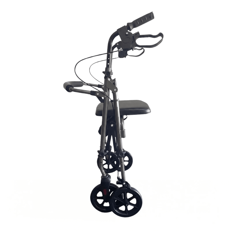 Opgevouwen grijze Ibis rollator van de zijkant, toont zijn compacte ontwerp