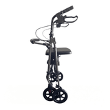 Opgevouwen grijze Ibis rollator van de zijkant, toont zijn compacte ontwerp
