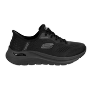 Zwarte Skechers waterdichte slip-in damessneaker met Arch Fit en mesh-bovenwerk, zijaanzicht