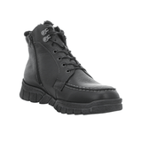 Waldläufer Herrenstiefel aus schwarzem Nappaleder mit Schnürsenkeln und Reißverschluss, schräg von vorne mit sichtbarem Futter