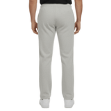 Grijze joggingbroek met elastische taille en discrete naden, van achteren gezien op een persoon
