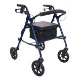 Blauwe Ibis rollator schuin van voren, met gestoffeerde zitting, rugleuning en praktische textielmand
