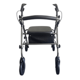 Grijze Ibis rollator direct van voren gezien met zwart gestoffeerde zitting en rugleuning