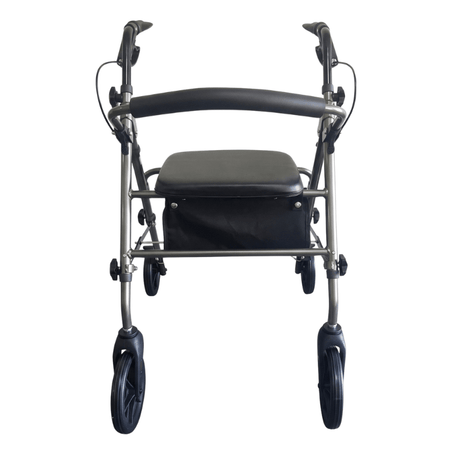Grijze Ibis rollator direct van voren gezien met zwart gestoffeerde zitting en rugleuning