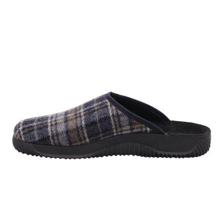 Blauw-grijs geruite Rohde herenpantoffel, zijaanzicht, met open hiel en zwarte rubberen zool